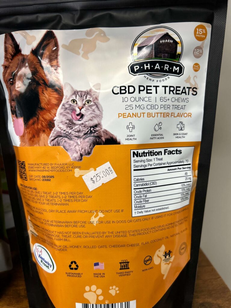A bag of peanut butter flavor cbd pet treats.